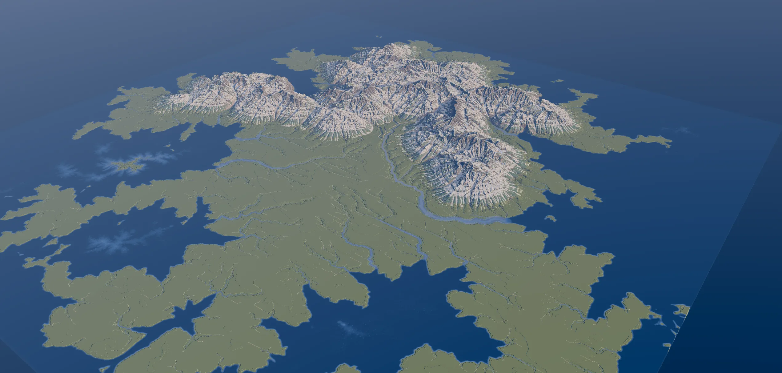 Giant creative continent with expansive mountain ranges and waterways