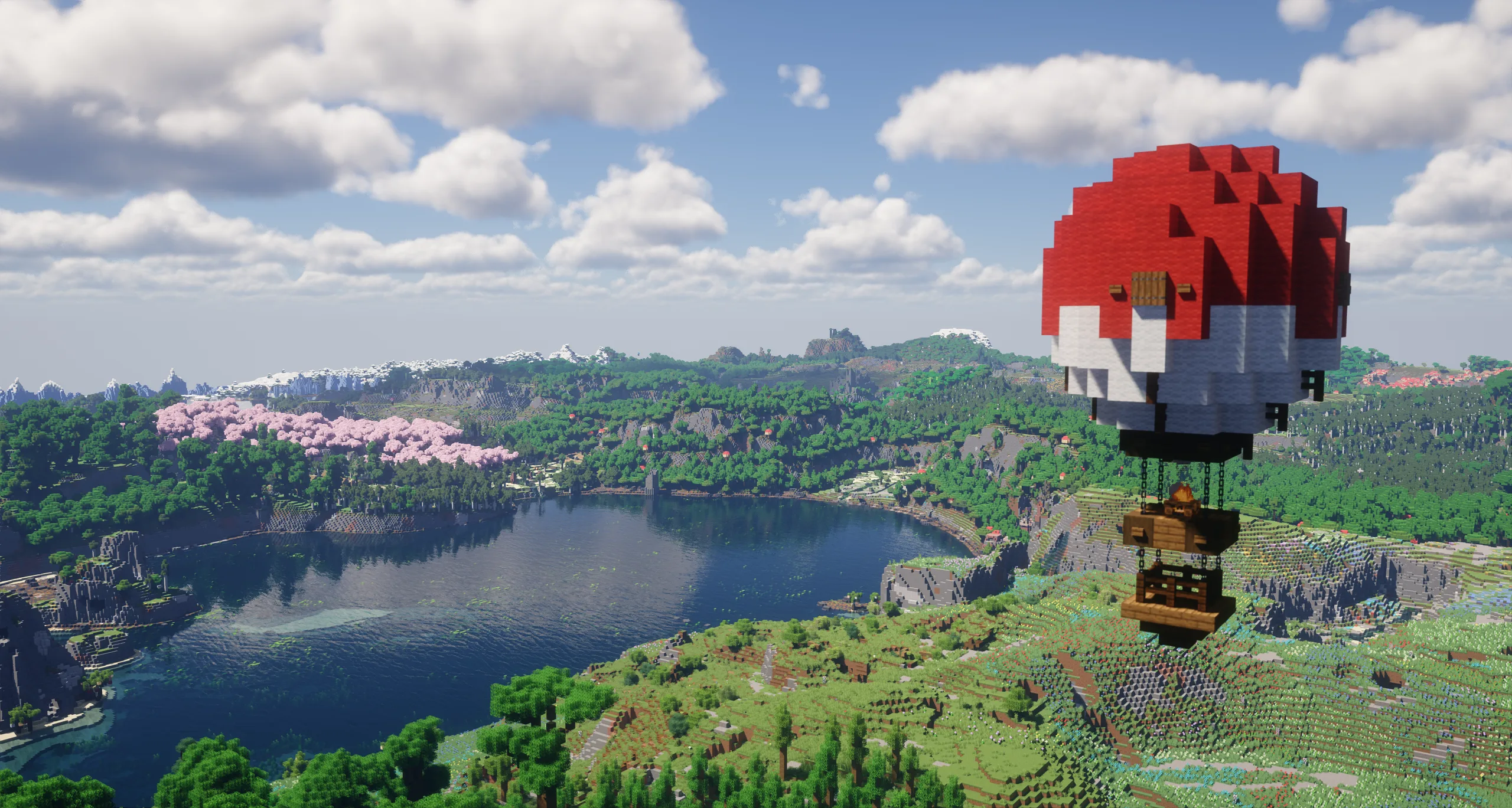 Small Patreon survival world with a Pokeball balloon over a colorful landscape