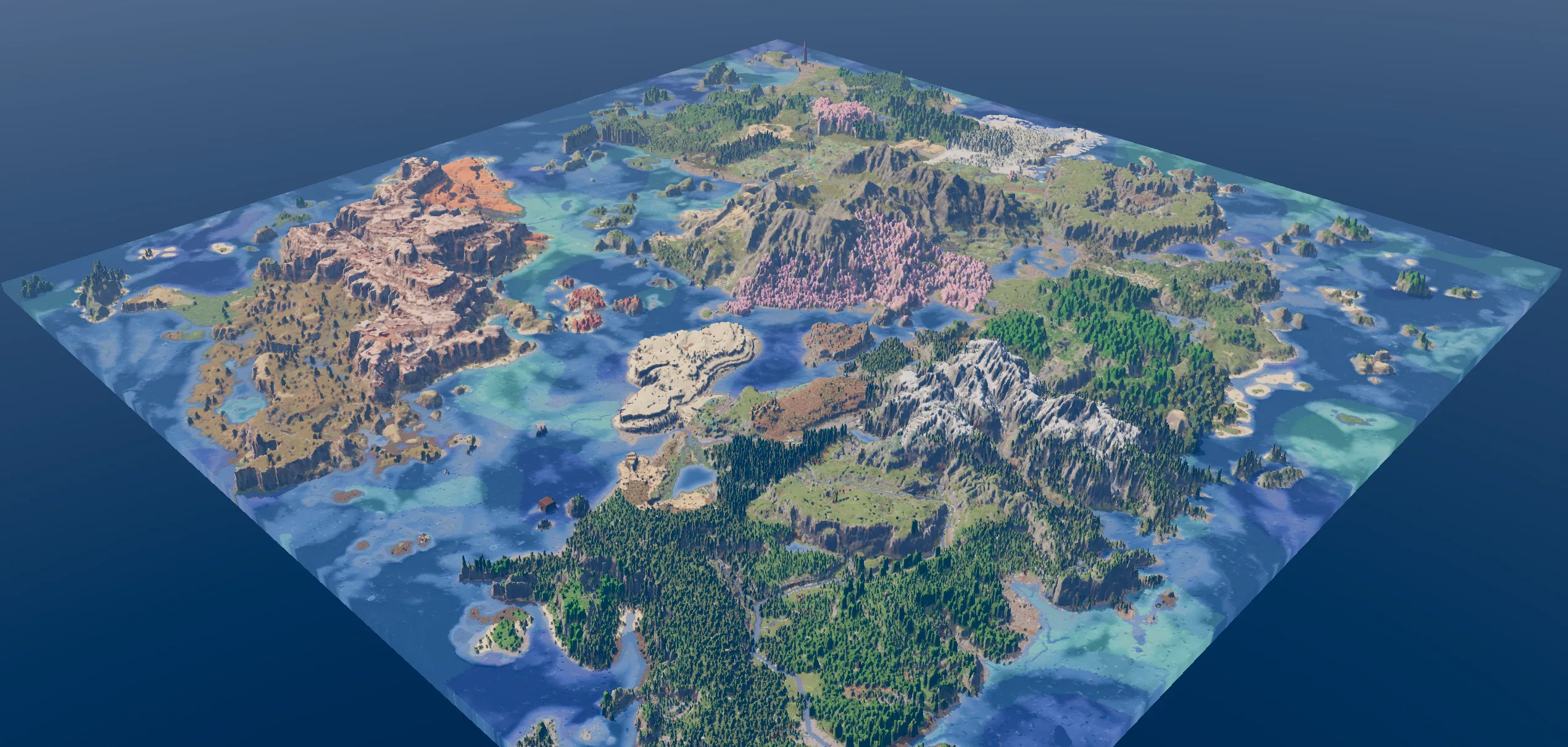 Medium survival landscape with varied biomes, mountains and waterways