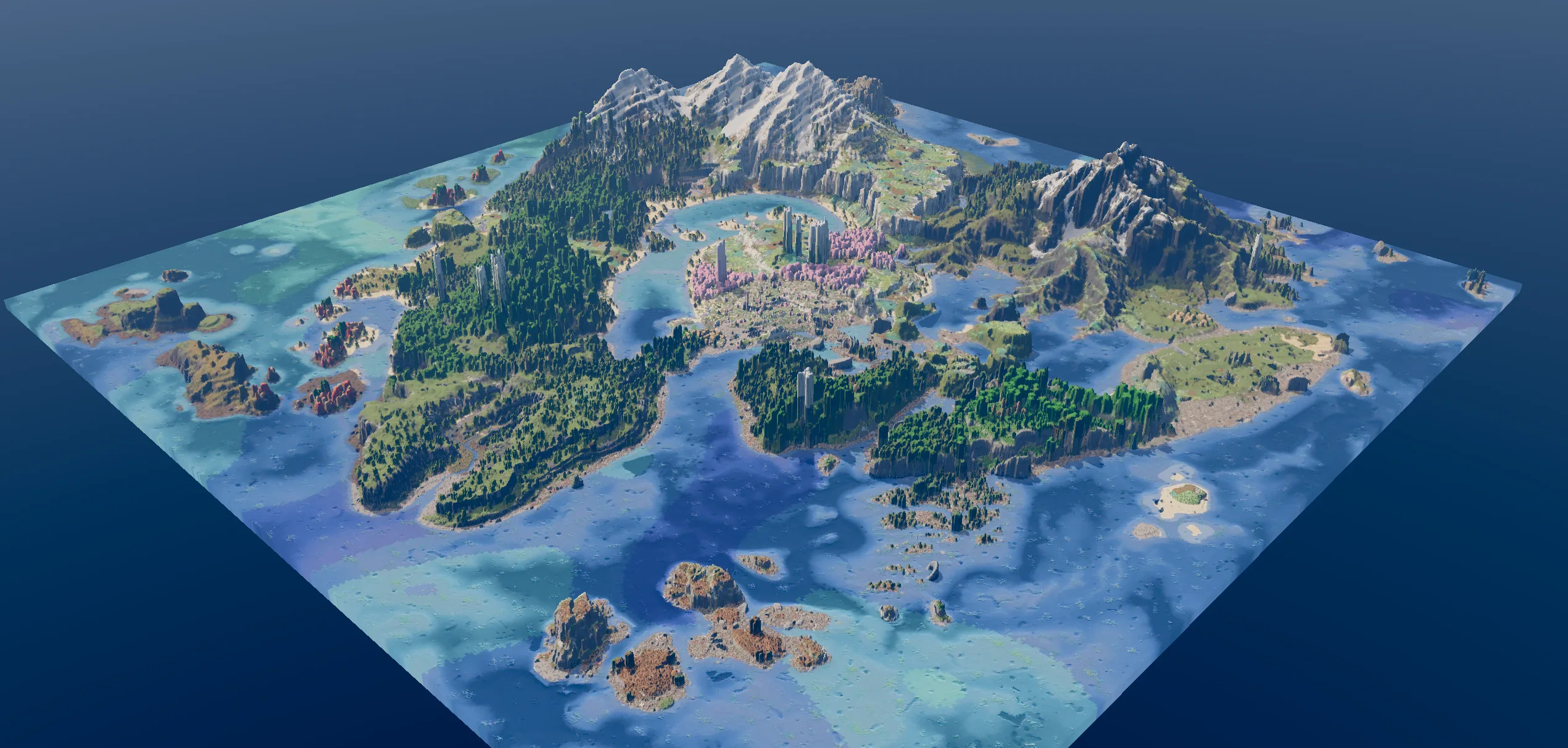 Small survival landscape with forests, mountains, islands and structures