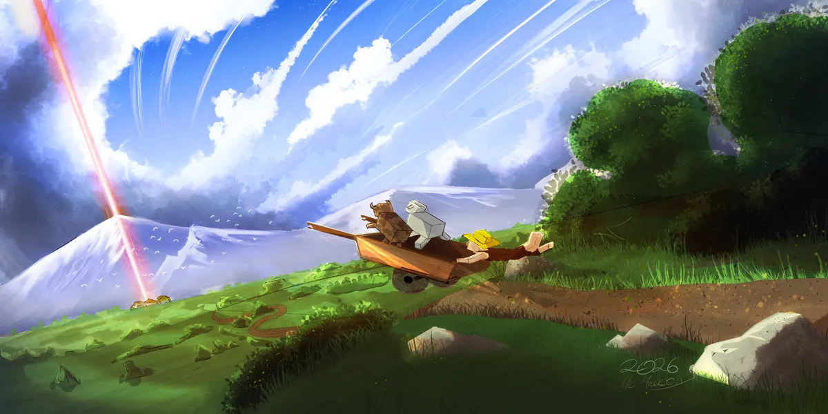 Signed artwork of a Minecraft adventurer flying home over a hand-built landscape