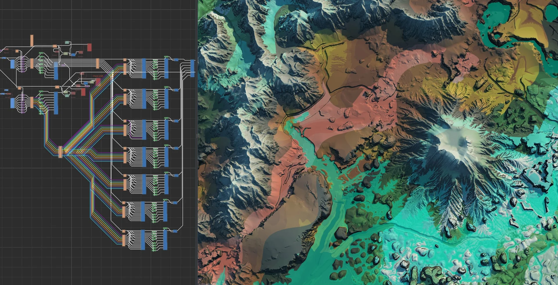 World Machine node connections alongside detailed mountain ranges, rivers and coloured terrain regions