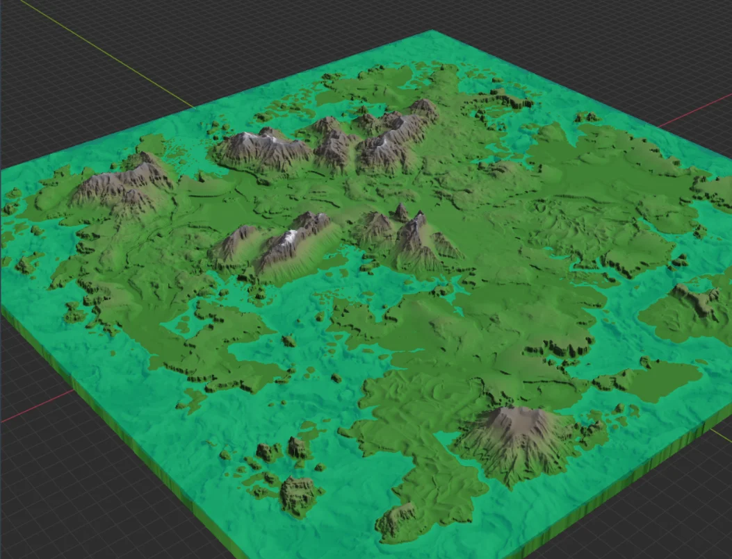 Generated green terrain with mountain ridges, lowlands and turquoise seas